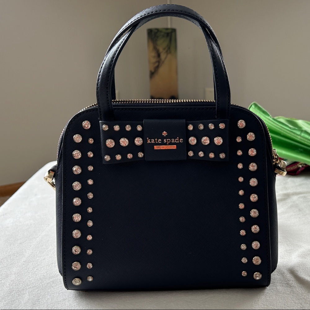 Kate Spade-navy satchel with crystal-studded bow. Like New!! - Picture 2 of 6